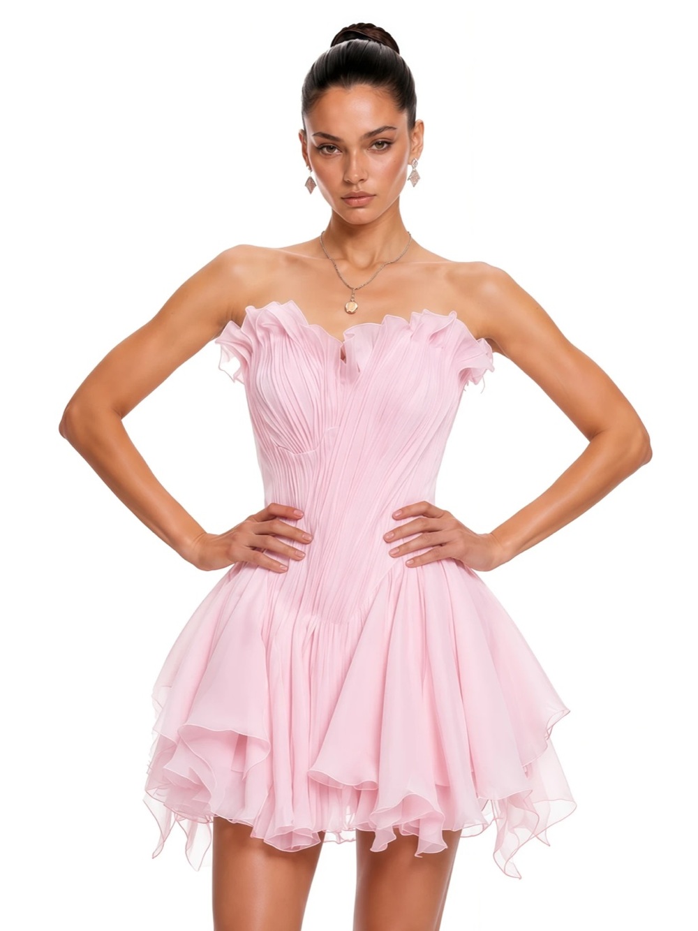 Strapless Light Pink Ruffled Mini Dress